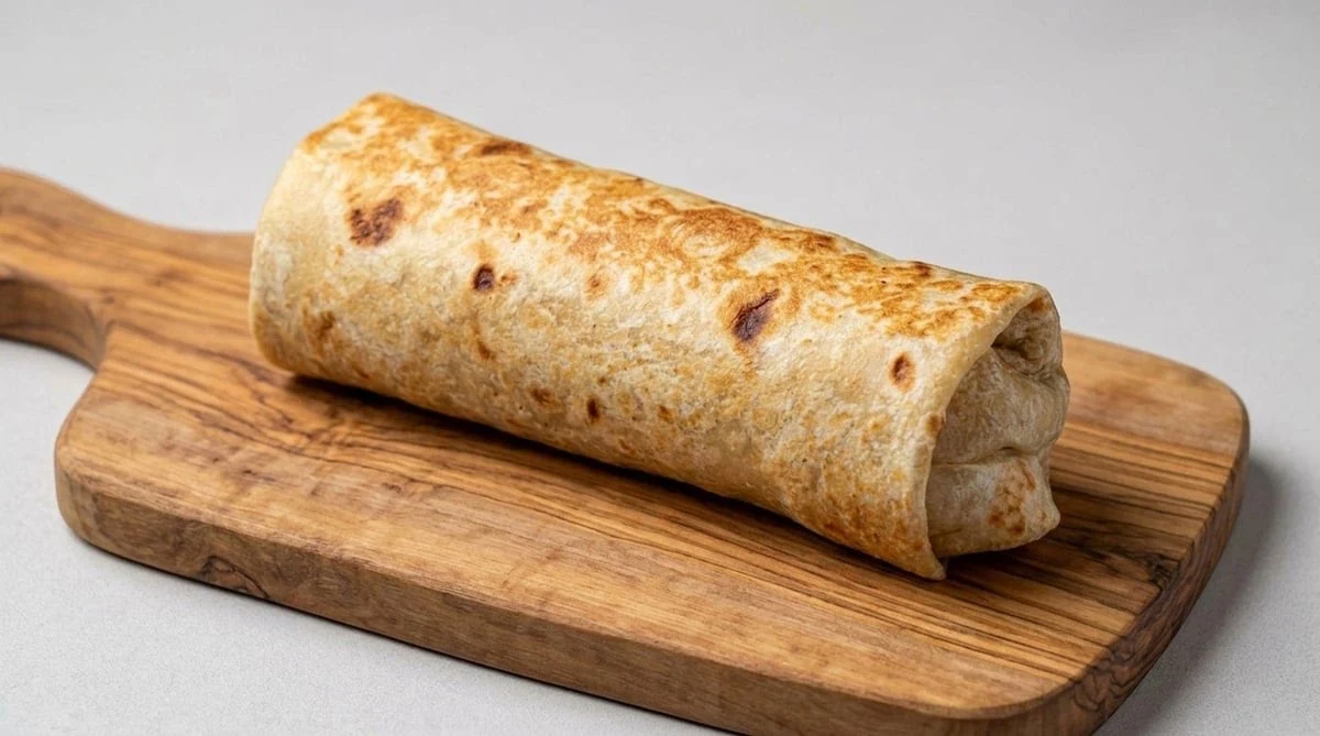 A burrito cut open on a wooden board