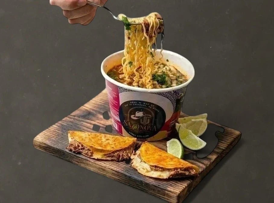 Birria Ramen with Two Mini Quesadillas